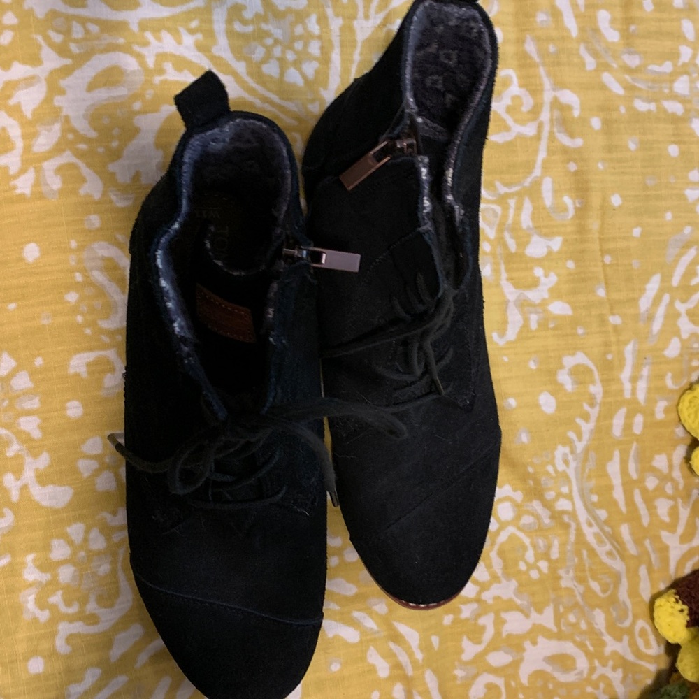 TOMS Black Suede Lace Up Side Zip Ankle Boots
